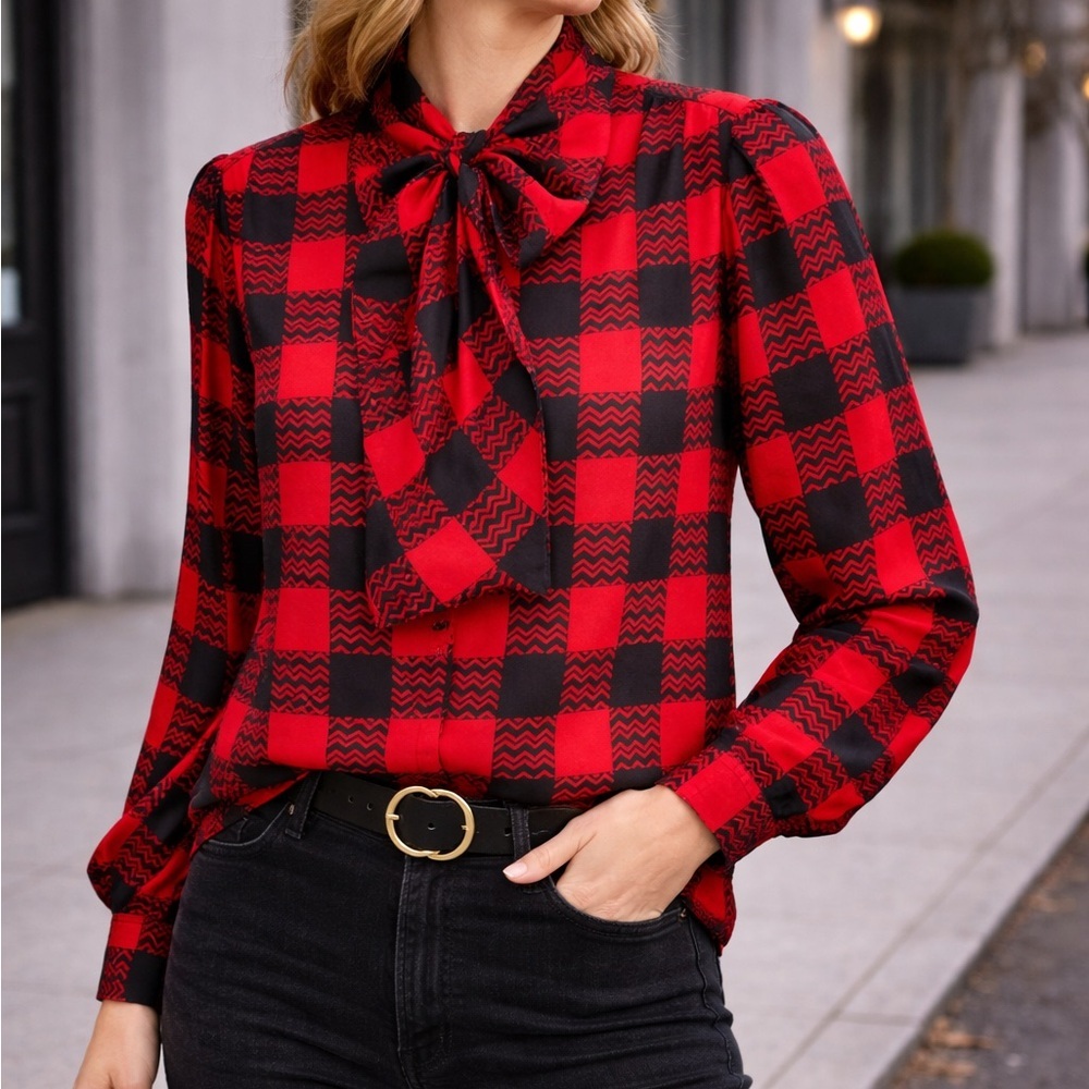St. John Red Black Checkered Knit Top Bow Tie Neck Blouse
